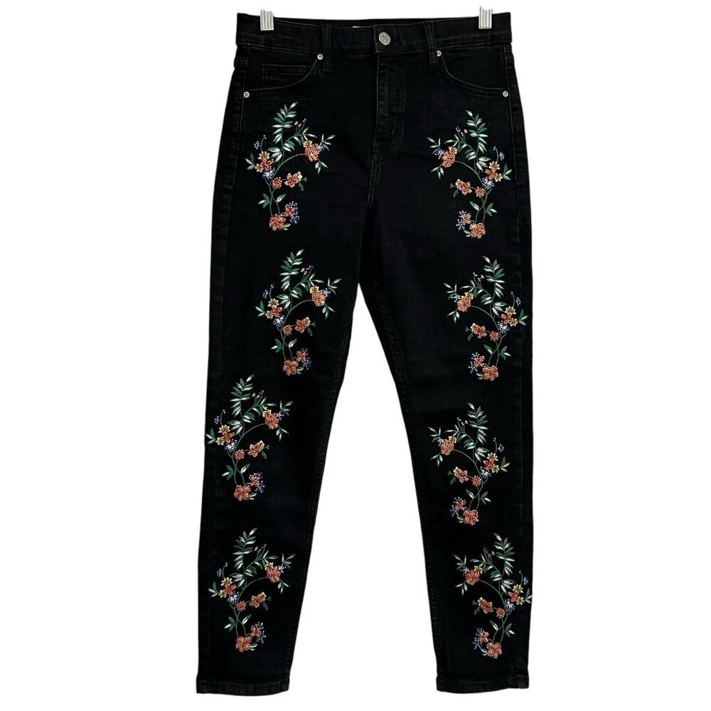 TopShop Moto Jamie Floral Embroidered Embellished Skinny Black Cropped Jeans 32